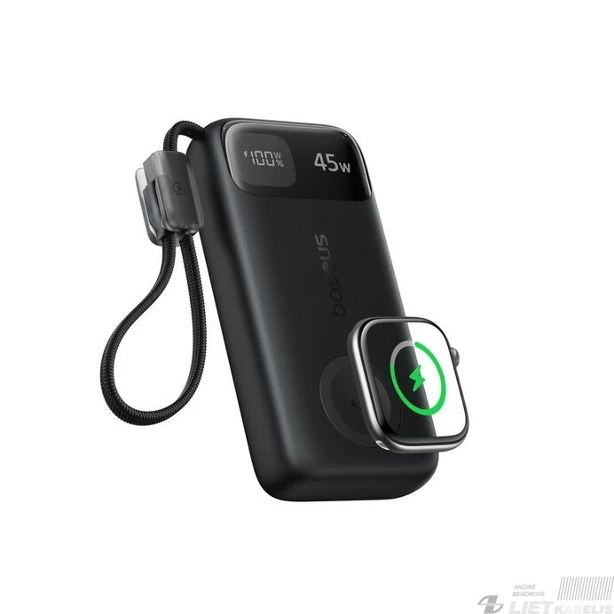 LiPo Išorinis akumuliatorius (PowerBank) 10000mAh 45W su integruotu USB-C kabeliu + bevieliu išmanaus laikrodžio krovikliu EnerFill FT31 BASEUS