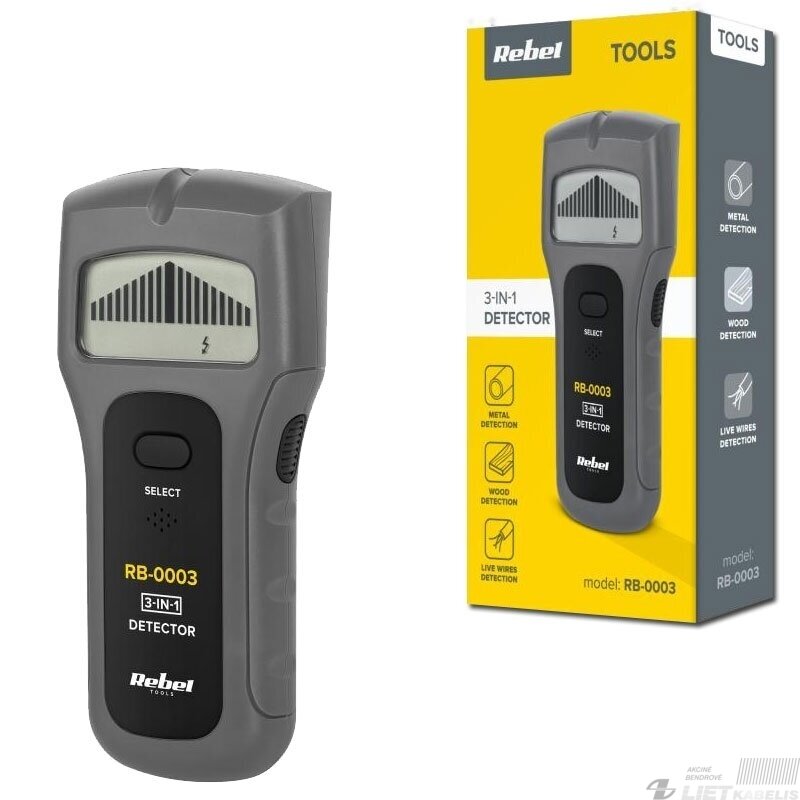 Metalo ieškiklis 3in1 medžiui/metalui/ įtampai, REBEL TOOLS Metalo ieškiklis 3in1 medžiui/metalui/ įtampai, REBEL TOOLS