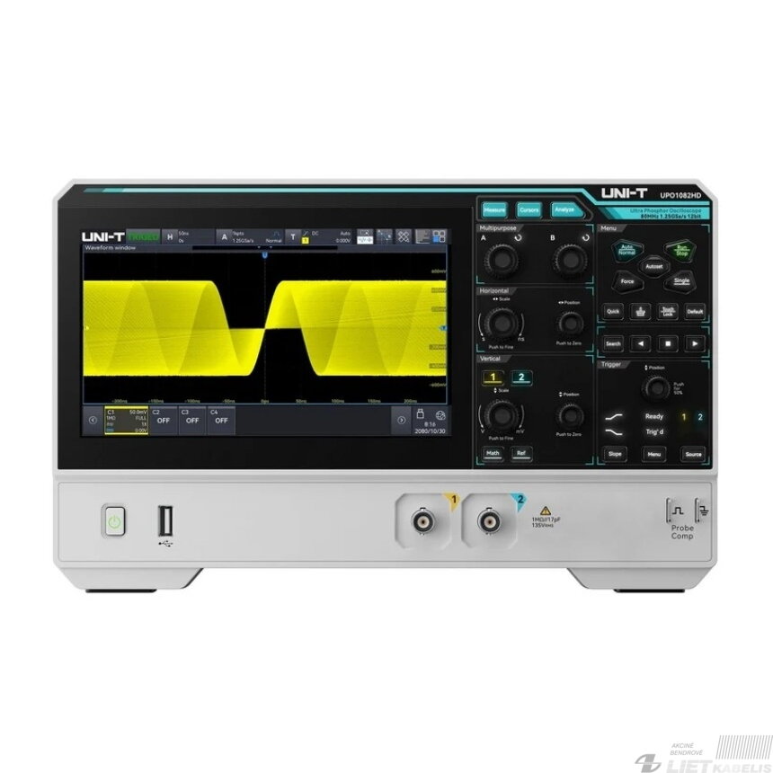 Osciloskopas, HD, 2 kanalų, 12bitų, 80Mhz, 1.25 GSa/s, 100 Mpts, 100,000 wfms/s, 7" lietimui jautrus ekranas, UNI-T Osciloskopas, HD, 2 kanalų, 12bitų, 80Mhz, 1.25 GSa/s, 100 Mpts, 100,000 wfms/s, 7" lietimui jautrus ekranas, UNI-T