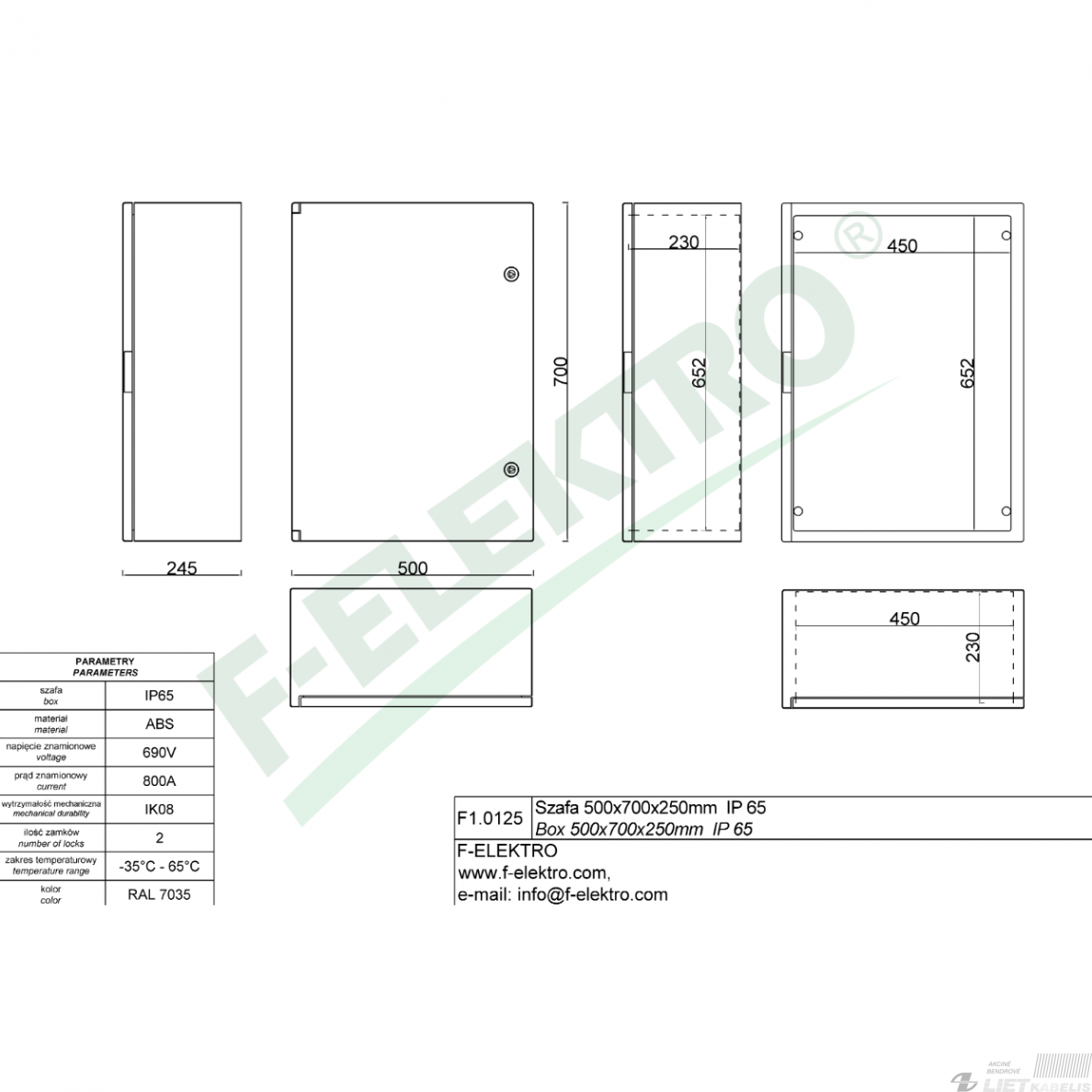 Paskirstymo skydelis plastikinis 500x700x250mm, IP65, ABS be halogenų, F-Elektro  2