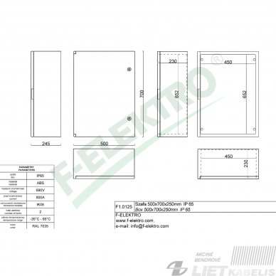Paskirstymo skydelis plastikinis 500x700x250mm, IP65, ABS be halogenų, F-Elektro  2