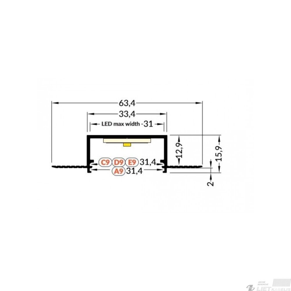 Profilis aliuminis LED  juostoms įleidžiamas Vario, 30-04 2m 2