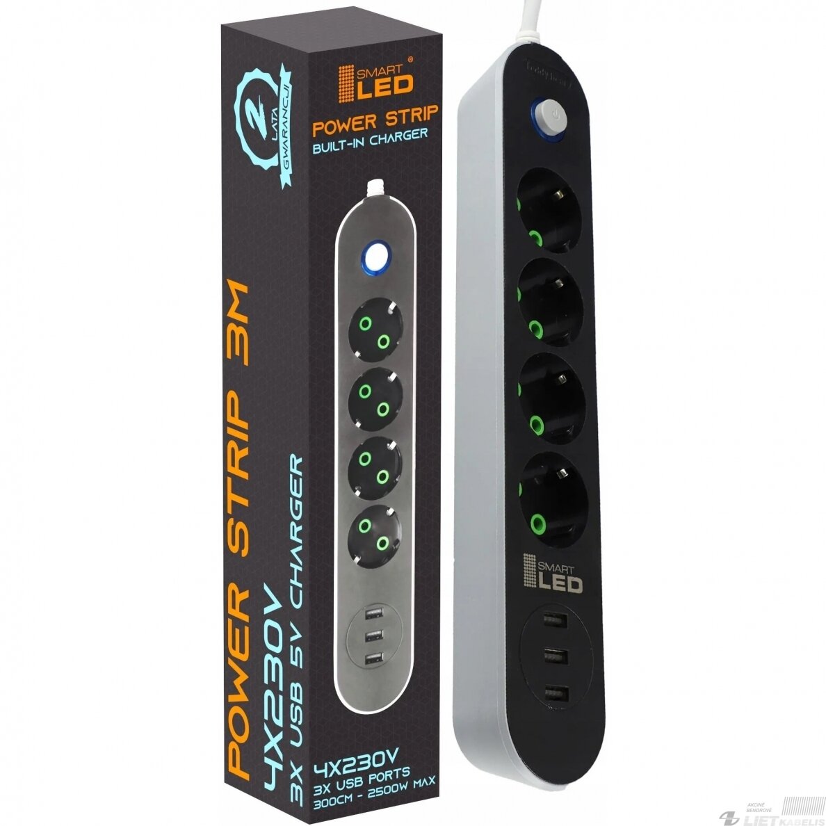 Prailgintuvas 4vietų 4x230V+3xUSB, 3m, juodas, SMART LED Prailgintuvas 4vietų 4x230V+3xUSB, 3m, juodas, SMART LED