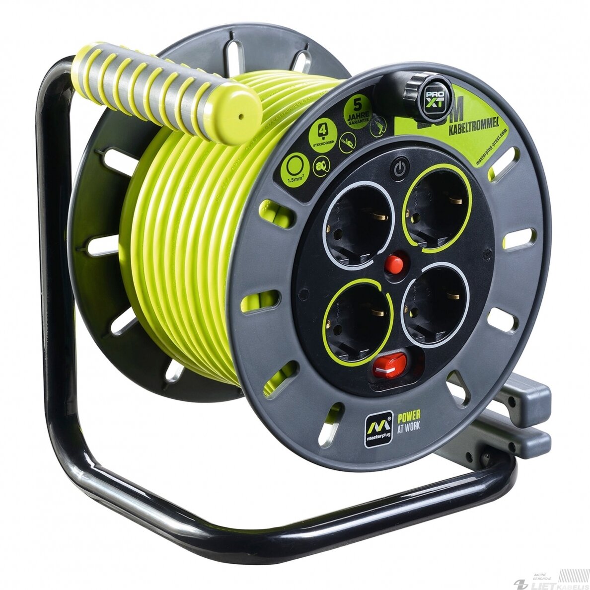Prailgintuvas su rite 4 vietų, su įžeminimu, 230V, 3x1,5mm², 40m, Masterplug Prailgintuvas su rite 4 vietų, su įžeminimu, 230V, 3x1,5mm², 40m, Masterplug