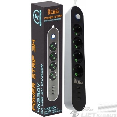 Prailgintuvas 4vietų 4x230V+3xUSB, 3m, juodas, SMART LED