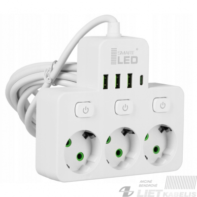 Prailgintuvas 3vietų 3xUSB+1USB-C, 3m, baltas, SMART LED Prailgintuvas 3vietų 3xUSB+1USB-C, 3m, baltas, SMART LED
