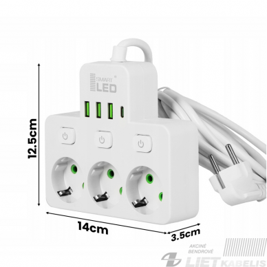 Prailgintuvas 3vietų 3xUSB+1USB-C, 3m, baltas, SMART LED 1 Prailgintuvas 3vietų 3xUSB+1USB-C, 3m, baltas, SMART LED 1
