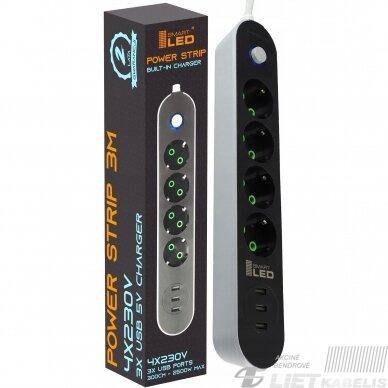Prailgintuvas 4vietų 4x230V+3xUSB, 3m, juodas, SMART LED Prailgintuvas 4vietų 4x230V+3xUSB, 3m, juodas, SMART LED