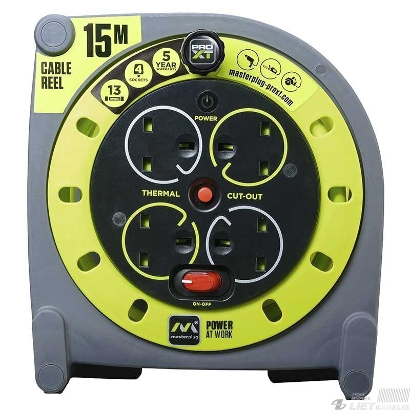 Prailgintuvas su rite 4 vietų, su įžeminimu, 230V, 3x1,5mm², 15m, Masterplug 1 Prailgintuvas su rite 4 vietų, su įžeminimu, 230V, 3x1,5mm², 15m, Masterplug 1