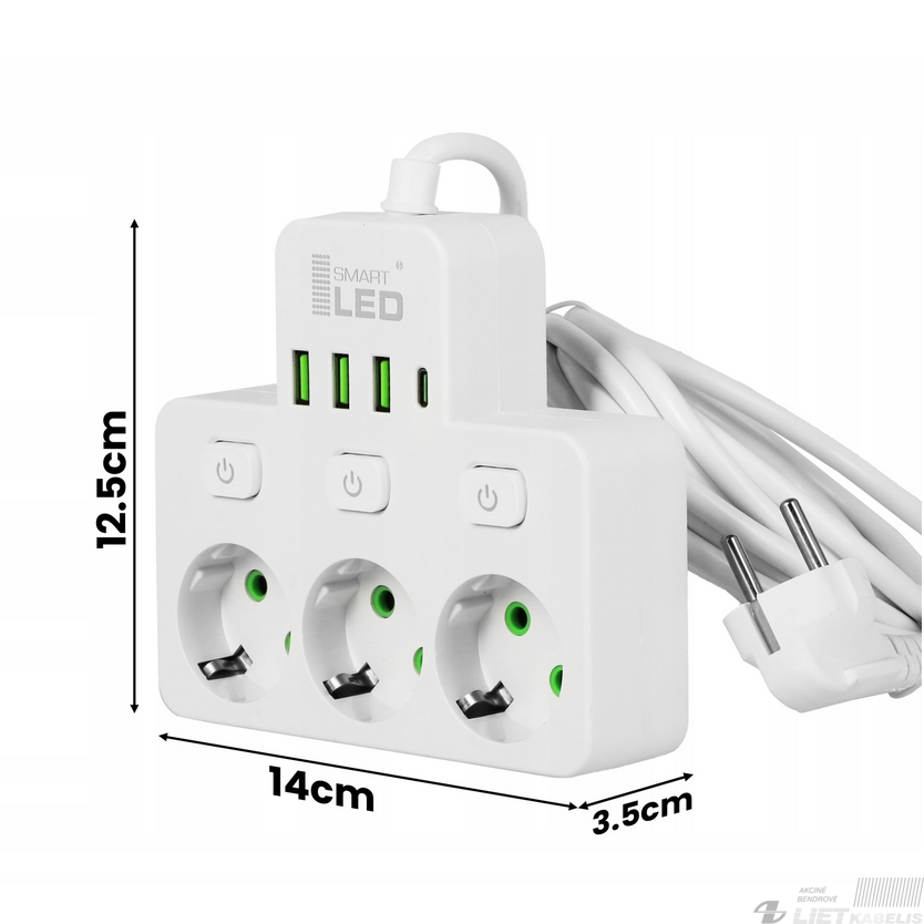 Prailgintuvas 3vietų 3xUSB+1USB-C, 3m, baltas, SMART LED 1 Prailgintuvas 3vietų 3xUSB+1USB-C, 3m, baltas, SMART LED 1