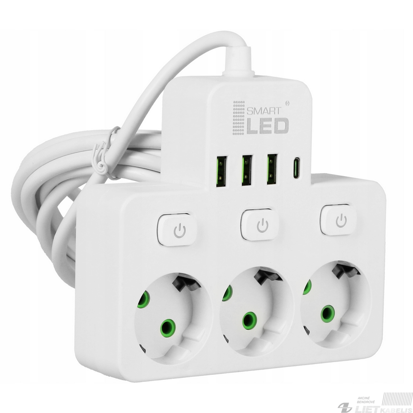 Prailgintuvas 3vietų 3xUSB+1USB-C, 3m, baltas, SMART LED Prailgintuvas 3vietų 3xUSB+1USB-C, 3m, baltas, SMART LED
