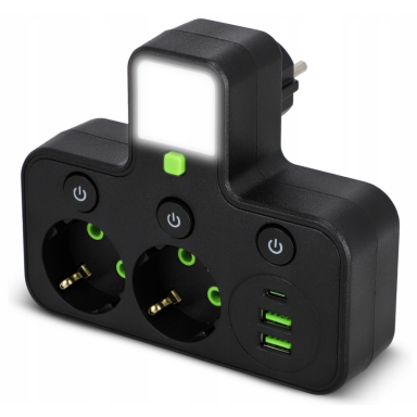 Šakotuvas 2x220V+2xUSB+C juodas, SMART LED