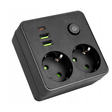 Šakotuvas 2x230V+2xUSB+C, su įžeminimu baltas/juodas, MASTER LED