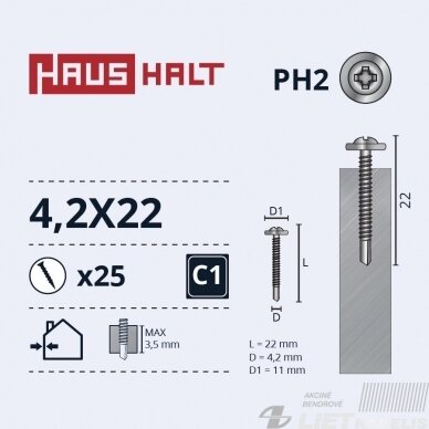 Savisriegis metalui su galvute 4.2x22mm ,DIN14566, Haushalt 1 Savisriegis metalui su galvute 4.2x22mm ,DIN14566, Haushalt 1