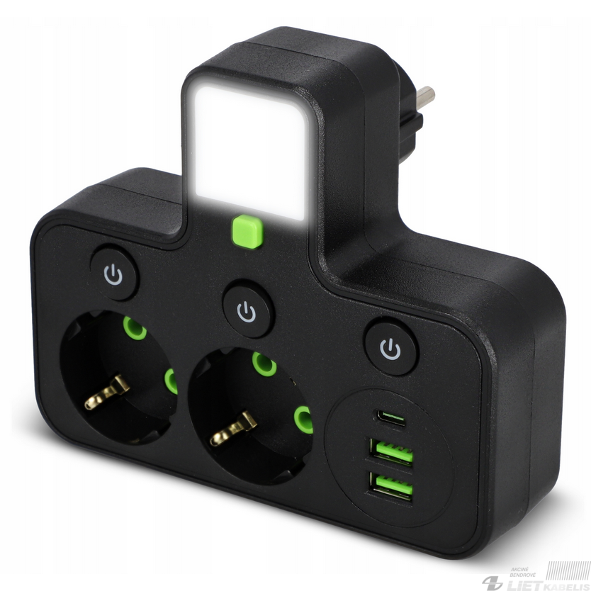 Šakotuvas 2x220V+2xUSB+C juodas, SMART LED Šakotuvas 2x220V+2xUSB+C juodas, SMART LED