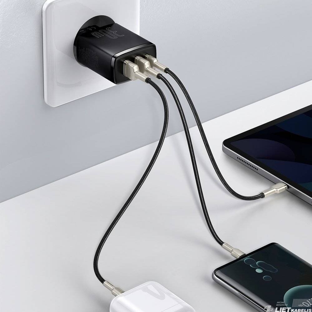 Sieninis įkrovikiklis 30W, 2xUSB+USB-C CQC3, greitas  įkrovimas, Baseus 2