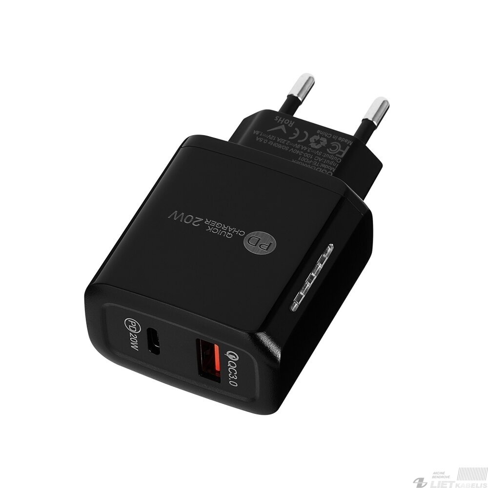Sieninis įkroviklis USB+USB-C, 5V, 3A, greitas įkrovimas, PD Sieninis įkroviklis USB+USB-C, 5V, 3A, greitas įkrovimas, PD