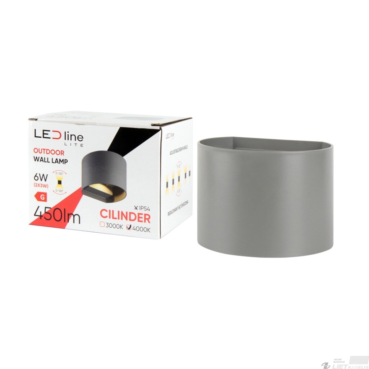Sieninis lauko šviestuvas CILINDER, LED 2x3W, 4000K, IP54, reguliuojamo švietimo kampo, pilkas, LED line LITE 1