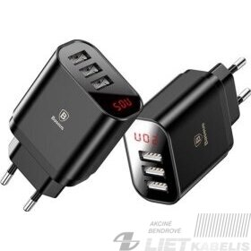 Sieninis įkroviklis 3xUSB 5V 3.4A greitas įkrovimas su skaitmenine indikacija, juodas, Baseus 1 Sieninis įkroviklis 3xUSB 5V 3.4A greitas įkrovimas su skaitmenine indikacija, juodas, Baseus 1