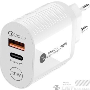 Sieninis įkroviklis USB+USB-C, 5V, 3A, greitas įkrovimas, PD 1