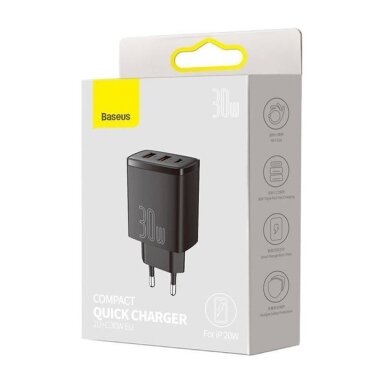 Sieninis įkrovikiklis 30W, 2xUSB+USB-C CQC3, greitas įkrovimas, Baseus Sieninis įkrovikiklis 30W, 2xUSB+USB-C CQC3, greitas įkrovimas, Baseus
