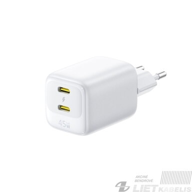 Sieninis įkroviklis EnerFill FE22 45W 2xUSB-C QC PD su USB-C kabeliu 1m, baltas