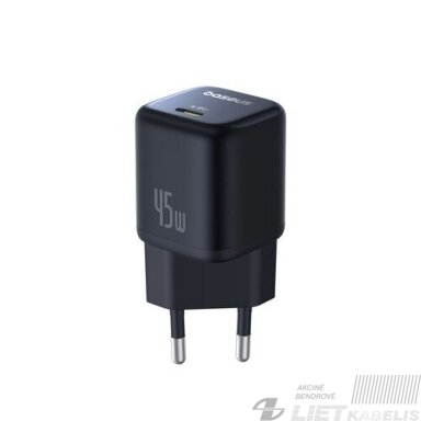 Sieninis įkroviklis PicoGoGaN 45W USB-C QC PD juodas, Baseus