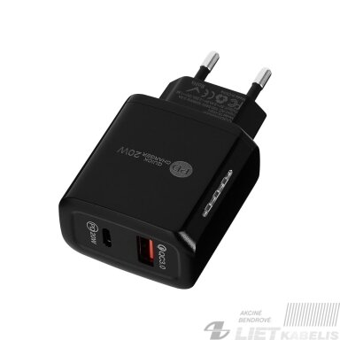 Sieninis įkroviklis USB+USB-C, 5V, 3A, greitas įkrovimas, PD Sieninis įkroviklis USB+USB-C, 5V, 3A, greitas įkrovimas, PD