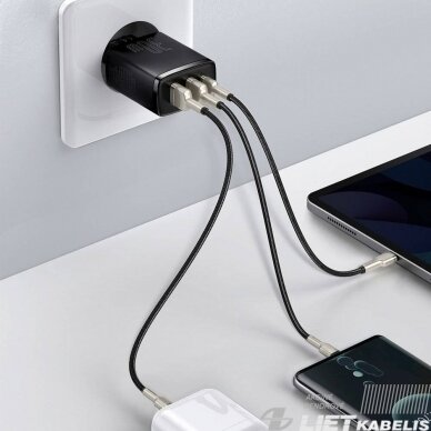 Sieninis įkrovikiklis 30W, 2xUSB+USB-C CQC3, greitas įkrovimas, Baseus 2 Sieninis įkrovikiklis 30W, 2xUSB+USB-C CQC3, greitas įkrovimas, Baseus 2