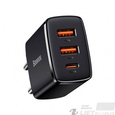 Sieninis įkrovikiklis 30W, 2xUSB+USB-C CQC3, greitas įkrovimas, Baseus 1 Sieninis įkrovikiklis 30W, 2xUSB+USB-C CQC3, greitas įkrovimas, Baseus 1
