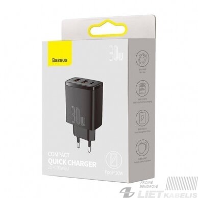 Sieninis įkrovikiklis 30W, 2xUSB+USB-C CQC3, greitas įkrovimas, Baseus Sieninis įkrovikiklis 30W, 2xUSB+USB-C CQC3, greitas įkrovimas, Baseus