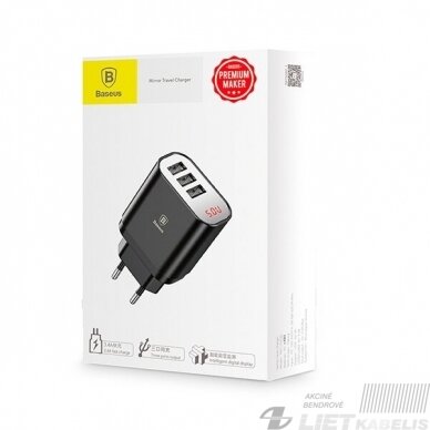 Sieninis įkroviklis 3xUSB 5V 3.4A greitas įkrovimas su skaitmenine indikacija, juodas, Baseus Sieninis įkroviklis 3xUSB 5V 3.4A greitas įkrovimas su skaitmenine indikacija, juodas, Baseus