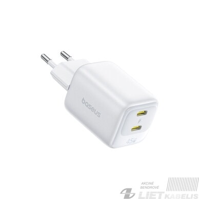 Sieninis įkroviklis EnerFill FE22 45W 2xUSB-C QC PD su USB-C kabeliu 1m, baltas 1 Sieninis įkroviklis EnerFill FE22 45W 2xUSB-C QC PD su USB-C kabeliu 1m, baltas 1