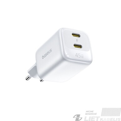 Sieninis įkroviklis EnerFill FE22 45W 2xUSB-C QC PD su USB-C kabeliu 1m, baltas 2