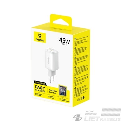 Sieninis įkroviklis EnerFill FE22 45W 2xUSB-C QC PD su USB-C kabeliu 1m, baltas 3