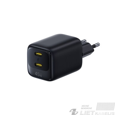 Sieninis įkroviklis EnerFill FE22 45W 2xUSB-C QC PD su USB-C kabeliu 1m, juodas 1