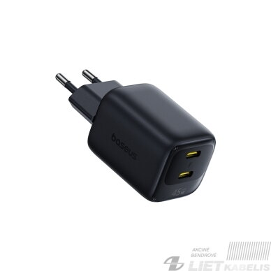 Sieninis įkroviklis EnerFill FE22 45W 2xUSB-C QC PD su USB-C kabeliu 1m, juodas 2