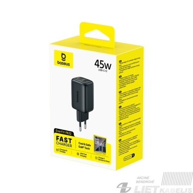 Sieninis įkroviklis EnerFill FE22 45W 2xUSB-C QC PD su USB-C kabeliu 1m, juodas 3 Sieninis įkroviklis EnerFill FE22 45W 2xUSB-C QC PD su USB-C kabeliu 1m, juodas 3