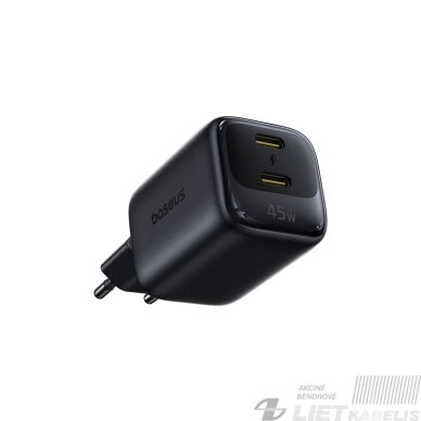 Sieninis įkroviklis EnerFill FE22 45W 2xUSB-C QC PD su USB-C kabeliu 1m, juodas Sieninis įkroviklis EnerFill FE22 45W 2xUSB-C QC PD su USB-C kabeliu 1m, juodas