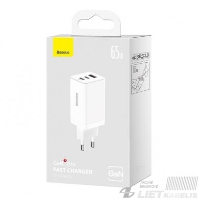 Sieninis įkroviklis GaN5 Pro65W USB+2xUSB-C+PD3.0, Baseus Sieninis įkroviklis GaN5 Pro65W USB+2xUSB-C+PD3.0, Baseus