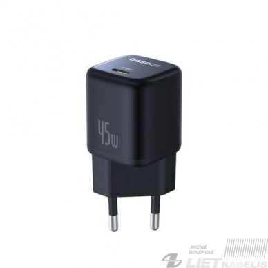 Sieninis įkroviklis PicoGoGaN 45W USB-C QC PD juodas, Baseus Sieninis įkroviklis PicoGoGaN 45W USB-C QC PD juodas, Baseus
