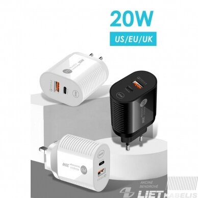 Sieninis įkroviklis USB+USB-C, 5V, 3A, greitas įkrovimas, PD 2 Sieninis įkroviklis USB+USB-C, 5V, 3A, greitas įkrovimas, PD 2
