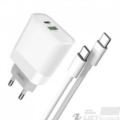 Sieninis įkroviklis USB+USB-C, 5V, 3A, greitas įkrovimas, XO 1 Sieninis įkroviklis USB+USB-C, 5V, 3A, greitas įkrovimas, XO 1