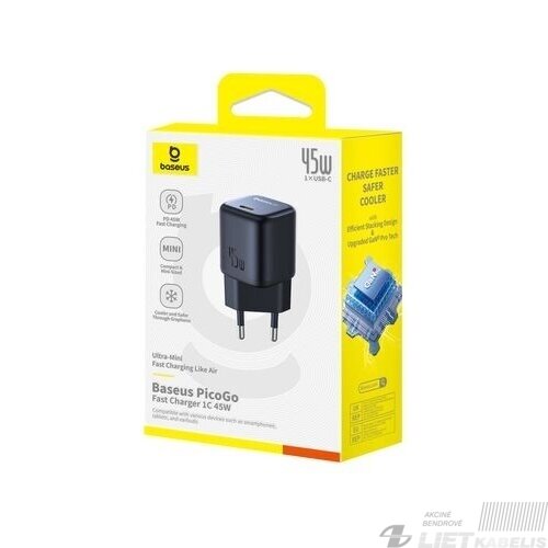 Sieninis įkroviklis PicoGoGaN 45W USB-C QC PD juodas, Baseus 1