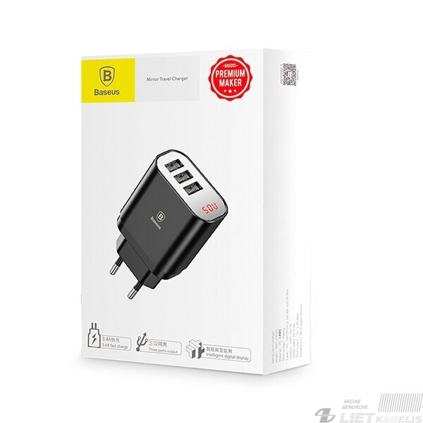 Sieninis įkroviklis 3xUSB 5V 3.4A greitas įkrovimas su skaitmenine indikacija, juodas, Baseus Sieninis įkroviklis 3xUSB 5V 3.4A greitas įkrovimas su skaitmenine indikacija, juodas, Baseus
