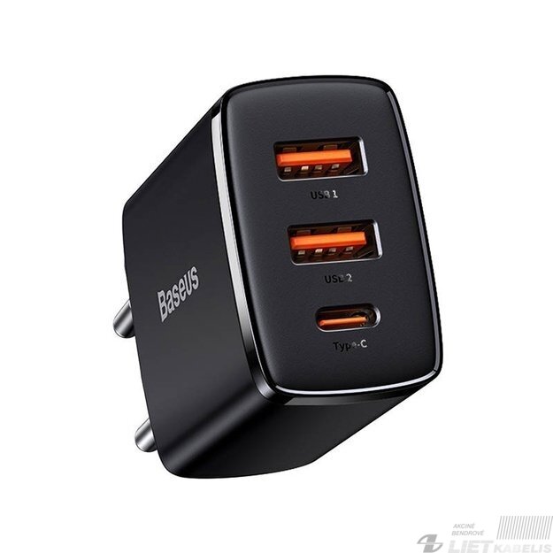 Sieninis įkrovikiklis 30W, 2xUSB+USB-C CQC3, greitas įkrovimas, Baseus 1 Sieninis įkrovikiklis 30W, 2xUSB+USB-C CQC3, greitas įkrovimas, Baseus 1