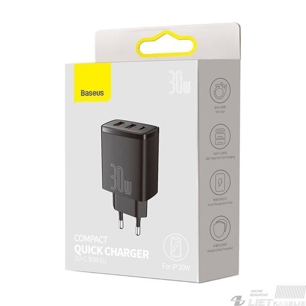 Sieninis įkrovikiklis 30W, 2xUSB+USB-C CQC3, greitas įkrovimas, Baseus Sieninis įkrovikiklis 30W, 2xUSB+USB-C CQC3, greitas įkrovimas, Baseus