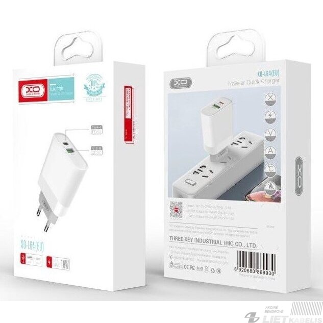 Sieninis įkroviklis USB+USB-C, 5V, 3A, greitas įkrovimas, XO