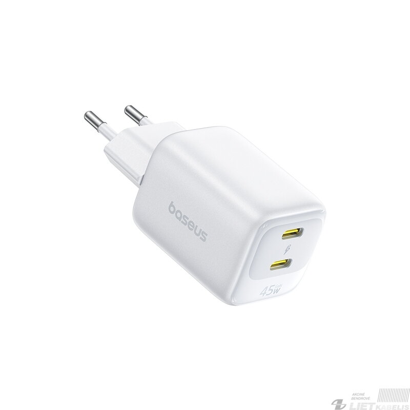 Sieninis įkroviklis EnerFill FE22 45W 2xUSB-C QC PD su USB-C kabeliu 1m, baltas 1
