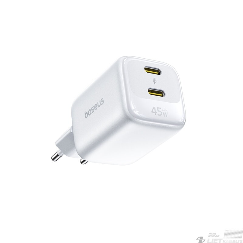 Sieninis įkroviklis EnerFill FE22 45W 2xUSB-C QC PD su USB-C kabeliu 1m, baltas 2